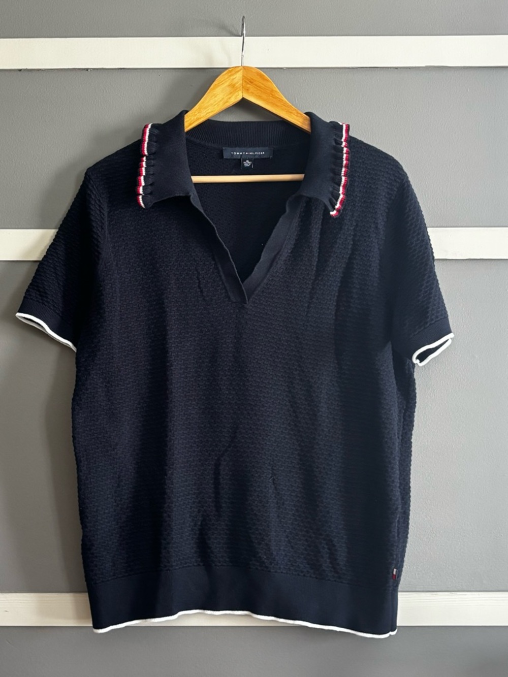 Women Navy Blue Short-Sleeve Polo Top with Contrast Trim